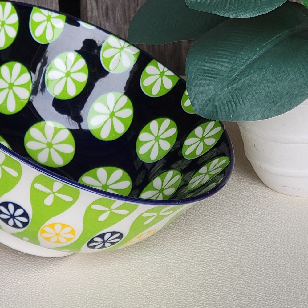 Cerified International Geometric Patterned Ceramic Bowl Green Navy Yellow - Picture 4 of 7